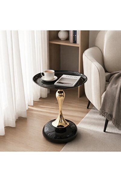 Shangxing Modern Round Side Table, Gold Metal Pedestal Nightstand with Black ...