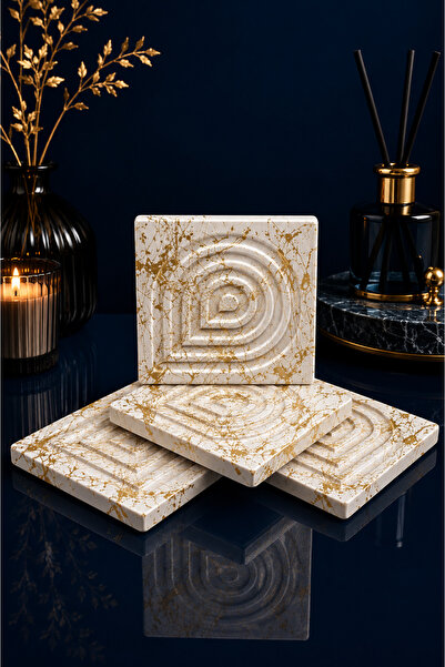 betonmall Set of 4 Gold Patterned Concrete Coasters – Handmade Decorative Dro...
