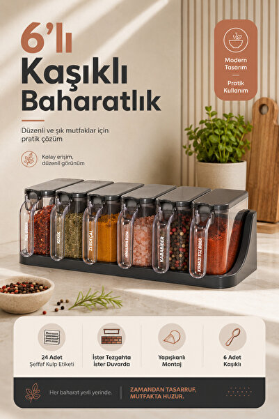 Parmeva Set of 6 Self-Adhesive Spice Containers with Lids and Spoons - Labele...