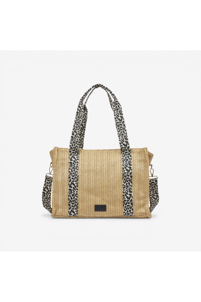 elusso Εντυπωσιακή ψάθινη τσάντα με animal print χερούλια σε μπεζ χρώμα 38x13...