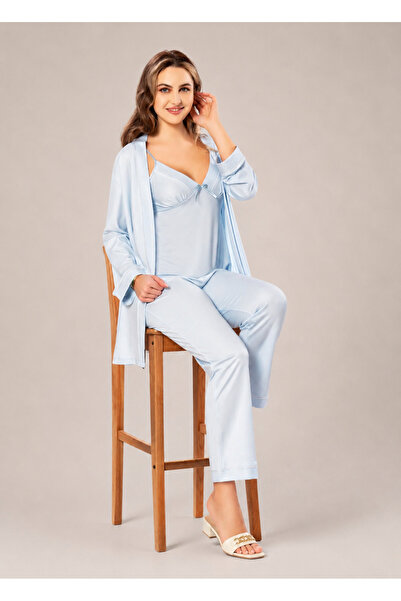 Kadın 3'lü Pijama Takımı Sabahlık Askılı Atlet Uzun Alt Takım