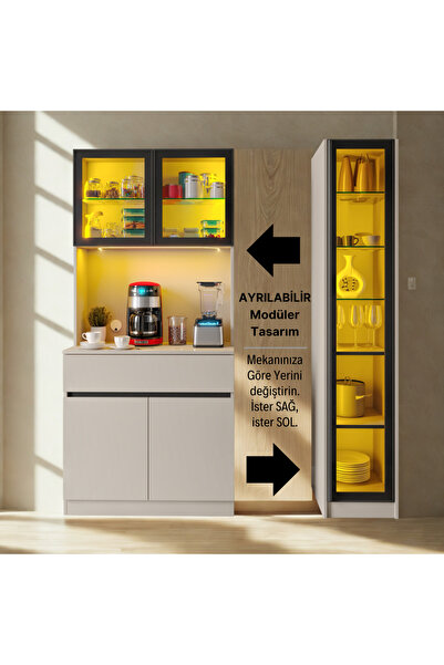 SARIOĞLU MOBİLYA Viena Sand Midi Sağ Vitirinli Kahve Köşesi 130 cm Komple MDF...