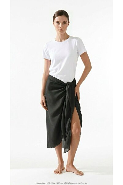 Eight Fashion Women's Black Linen Tie-Up Long Skirt Pareo