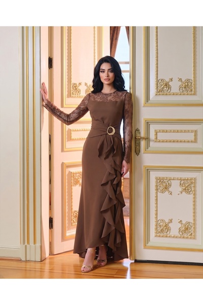 1Moda1Tarz Imported Crepe Lace Fabric, Ruffle and Buckle Detailed, Slit and L...