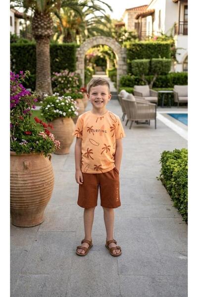 Sinem Çeyiz Cluppolo 3297 Boy's Surfing Palm Pattern Half Sleeve T-Shirt Shor...