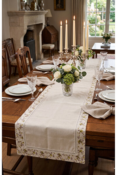 KİLİAHOME Çiçek Desenli Dantelli Keten Runner Örtü - 120x60 cm