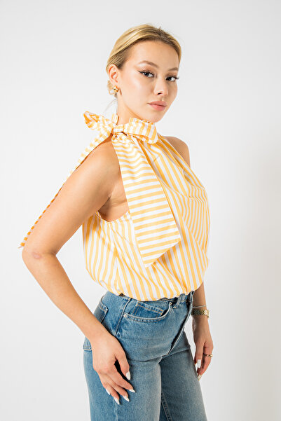 moda paketi Striped Tie Detail Halter Neck Women's Blouse |   Stylish Sleevel...