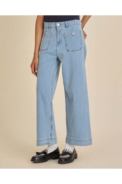 REDTAG Senior Girls Light Wash Front Pocket Wide Leg Jeans