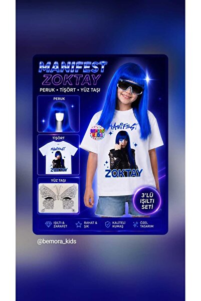 bemora kids Manifest Zoktay Girl's T-Shirt - Zoktay Blue Wig - Face Stone Set...