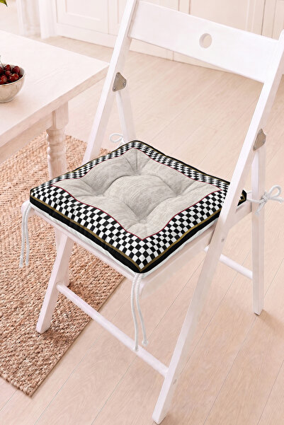 Home Siyah Beyaz Kare Desenli Pofidik Sandalye Minderi - Modern Dekoratif Mut...