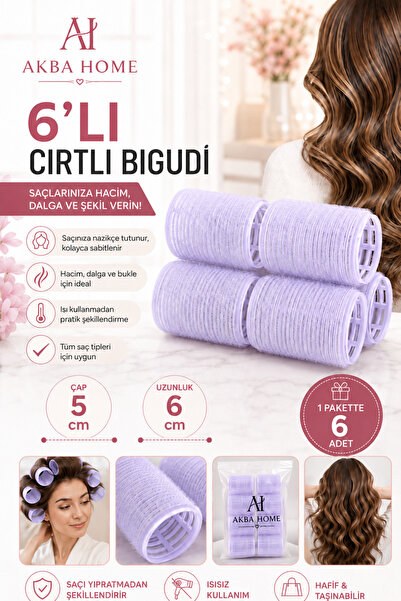 AKBA HOME 6’lı Cırtlı Bigudi 5 cm Çap Isısız Saç Şekillendirici Hacim Dalga B...