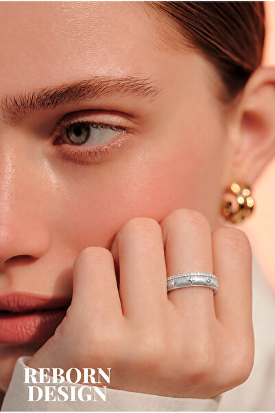 REBORN DESIGN Silver Color Pole Star Ring with Row of Zircon Stones