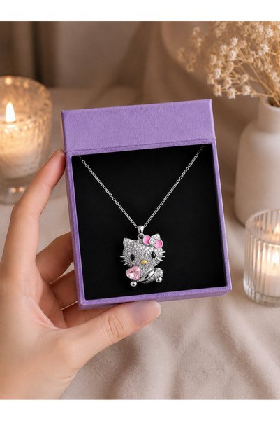 Genel Markalar GÜMÜŞ RENK PEMBE KALPLİ HELLO KITTY KOLYESİ ÇELİK