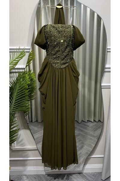 Mar style Luxury Embroidered Corset Maxi Gown Evening Dress with Draped Shawl