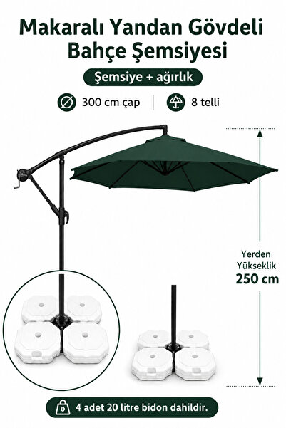 Düvenci Koyu Yeşil Makaralı Bahçe Şemsiyesi 300 cm Çap / 8 Telli + 4'lü 20 lt...
