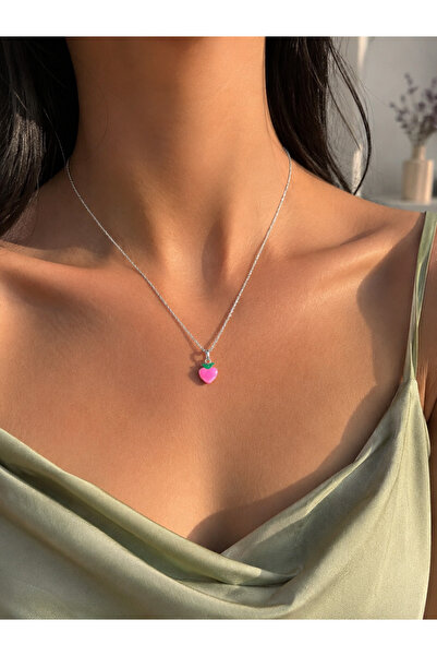 MODA MANANI Women's Silver Color Minimal Pink Strawberry Figured Chain Necklace