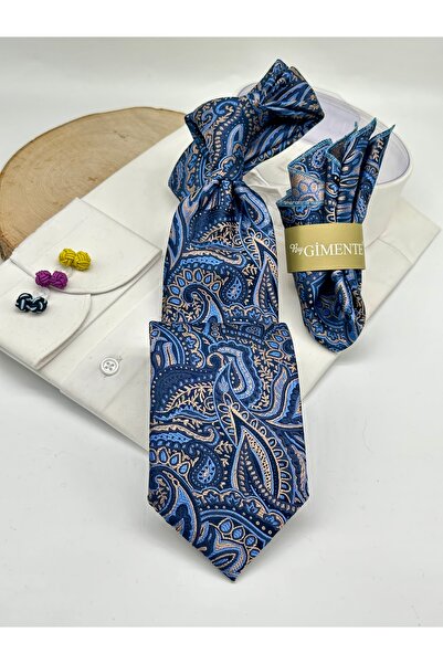 Gutiero Classic Tie with Blue Paisley Patterned Handkerchief