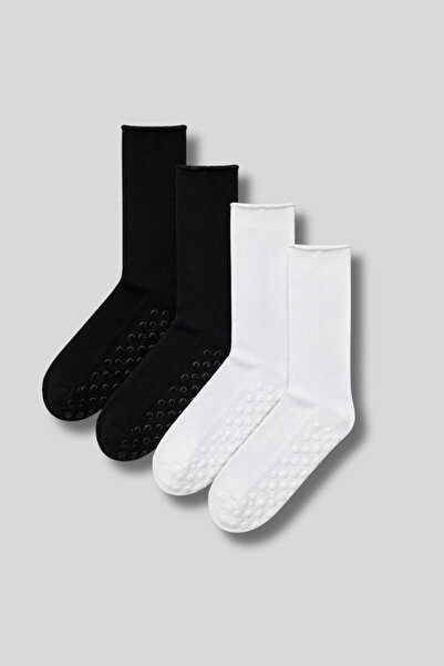 aw adawhite Men's 4-Pack Cotton Pilates, Yoga, Non-Squeezing Rubber Socks