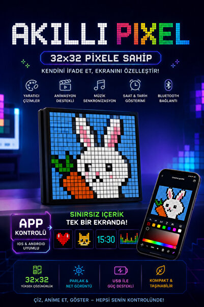 Trendfone Akıllı Piksel 32x32 RGB Led Ekran Mobil Uygulama Kontrollü Animasyo...