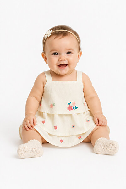ANDİORA Baby Girl Square Collar Floral Embroidered Cotton Summer Dress Cream