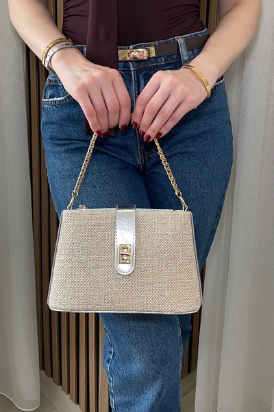 Fibag Women's Straw Look Silver Color Detailed - Adjustable Long Strap Hand a...