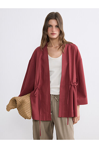 LC Waikiki Vizyon New Season Burgundy Shawl Collar Linen Blend Women's Kimono