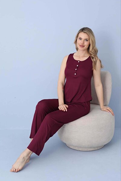 Relax Mode Kadın Mürdüm Dublin Raporlu Kolsuz Alt Uzun Patlı Pijama Takım - 5...