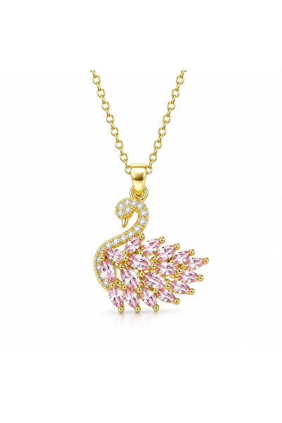 Çelik Kuğu Kolye - Gold Kaplama Pembe Kristal Taşlı