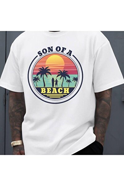 2mcup تي شيرت Son Of A Beach Sunset للرجال برقبة دائرية، أبيض اللون، ملابس كا...