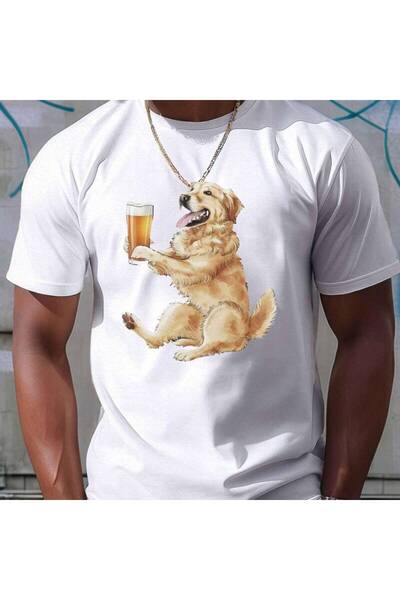 23 nisan Men' Golden Retriever Beer Print T-Shirt Casual Short Sleeve Summer ...