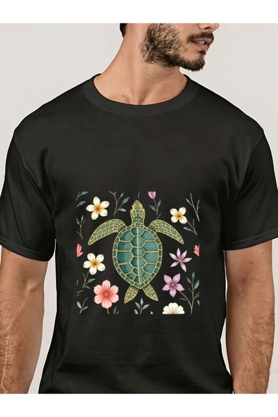 LİNA06 Turtle Floral Art 180g T-Shirt Perfect Family Outings, Company Gatheri...