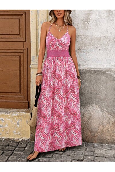 Wear Up Women's Leopard Patterned Long Jersey Dress with Rope Straps at the W...