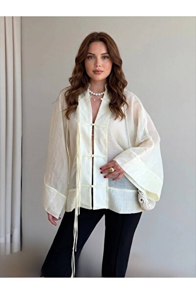 My Blog Butter Yellow Threaded Transparent Shirt - 5098