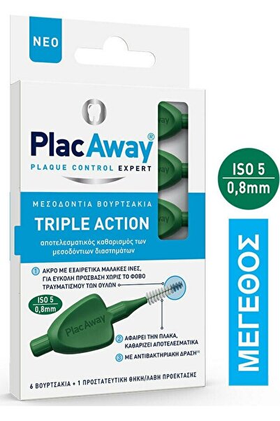 Plac Away Triple Action Μεσοδόντια Βουρτσάκια 0.8mm ISO 5, Πράσινο, 6τεμ