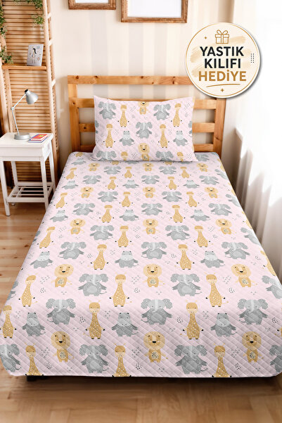 Evimde Bambaşka Safari Animal Pink Girls' Room Single Pique Set - Yellow Gray...