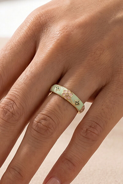 AURRARİ Gold White Flower Green Enamel Colorful Adjustable Steel Ring