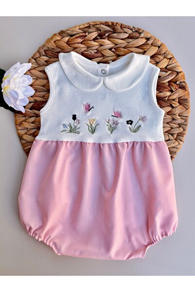 Mama Miel Baby Lale Nakışlı Pembe Kız Bebek Yazlık Romper Tulum