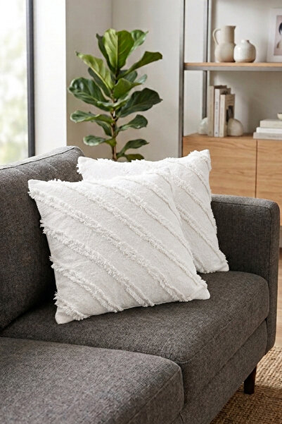 Onaltı Tekstil 2-Piece Bearded Chenille Throw Pillow Cover 45X45 cm Decorativ...