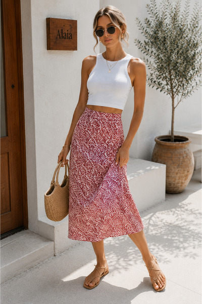 Rich Women's Elastic Waist Midi Length Satin Skirt