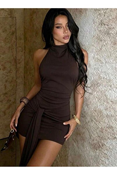 MEGOMEL Halter Neck Mini Dress with Lace-Up Detail on the Front