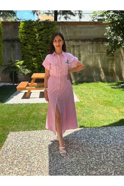 Nişantaşı atelier pembe çizgili gömlek elbise