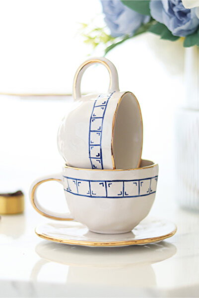 ada mia seramik Set of 2 Handmade Ceramic Cups with Stripes 140ml