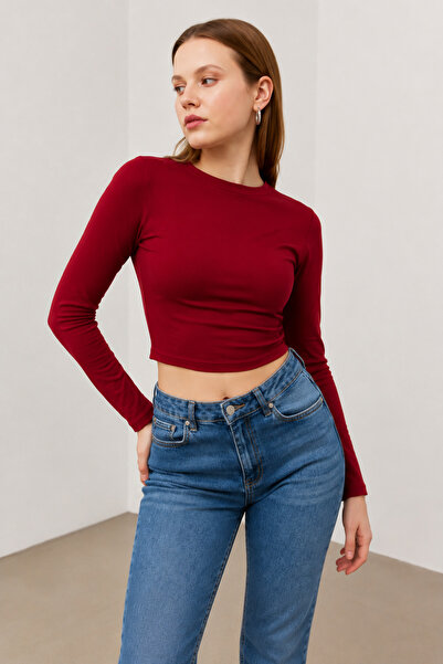 Bipantolon Women's Burgundy Crew Neck Long Sleeve Crop Blouse