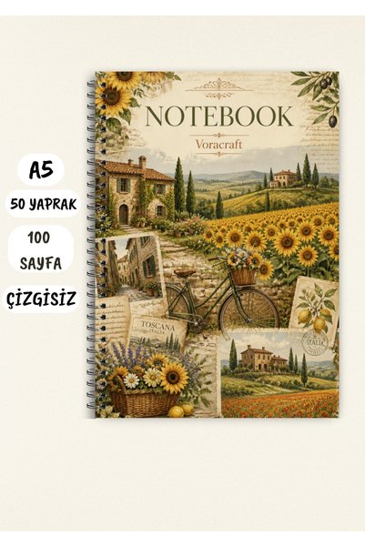 VORACRAFT Sunflower Italy Themed Notebook 50 Sheets / 100 Pages, A5 / Wire Sp...