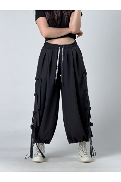 COCOPELLI Women's Black Wide Leg Loose Trousers with Rope Detail Coc3237