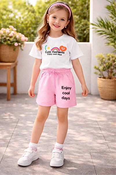 Kyex Girl's White T-Shirt and Pink Shorts Set Summer Printed Cotton 2-Piece Set