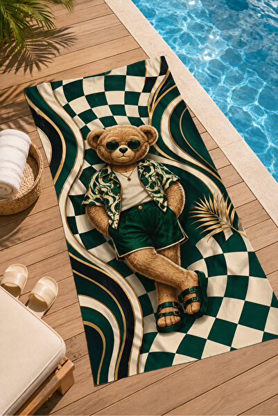 Evmila Πετσέτα παραλίας Teddy Bear Green Checkered Tropical Pattern 70x150, Μ...