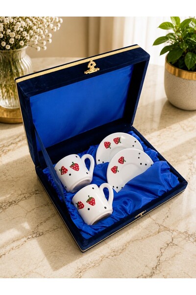 Nihal Süeda Gift Strawberry Ceramic Double Cup Set with Velvet Box