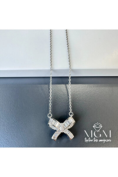 Inure Jewelry Steel Zircon Stone Bow Necklace - Kl0151