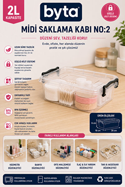 BYTA 2 L Multi-Purpose Storage Container with Lockable Lid Transparent Plasti...